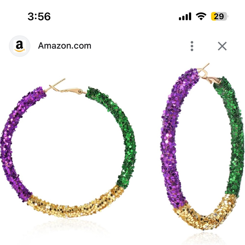 Amazon Vibrant Purple, Green, and Gold Hoop Earrings